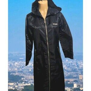 VTG NICE CLAUP Long Coat, Black , Size Small, Attached Hood, Full Zip, Gothic